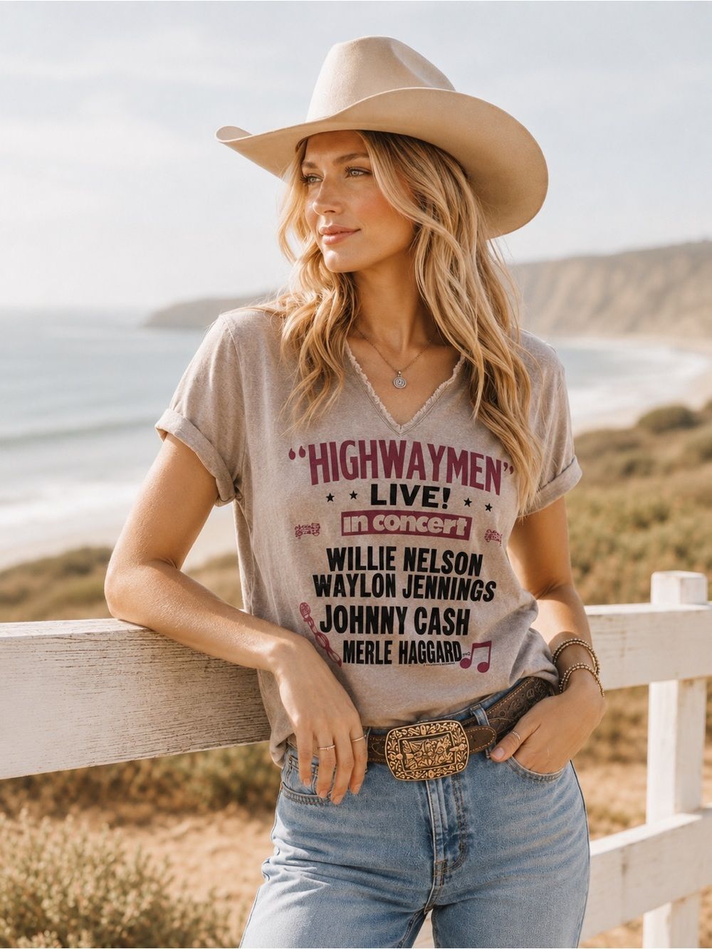 Coastal Cowgirl Highwaymen Live! Beige Graphic V-Neck Tee